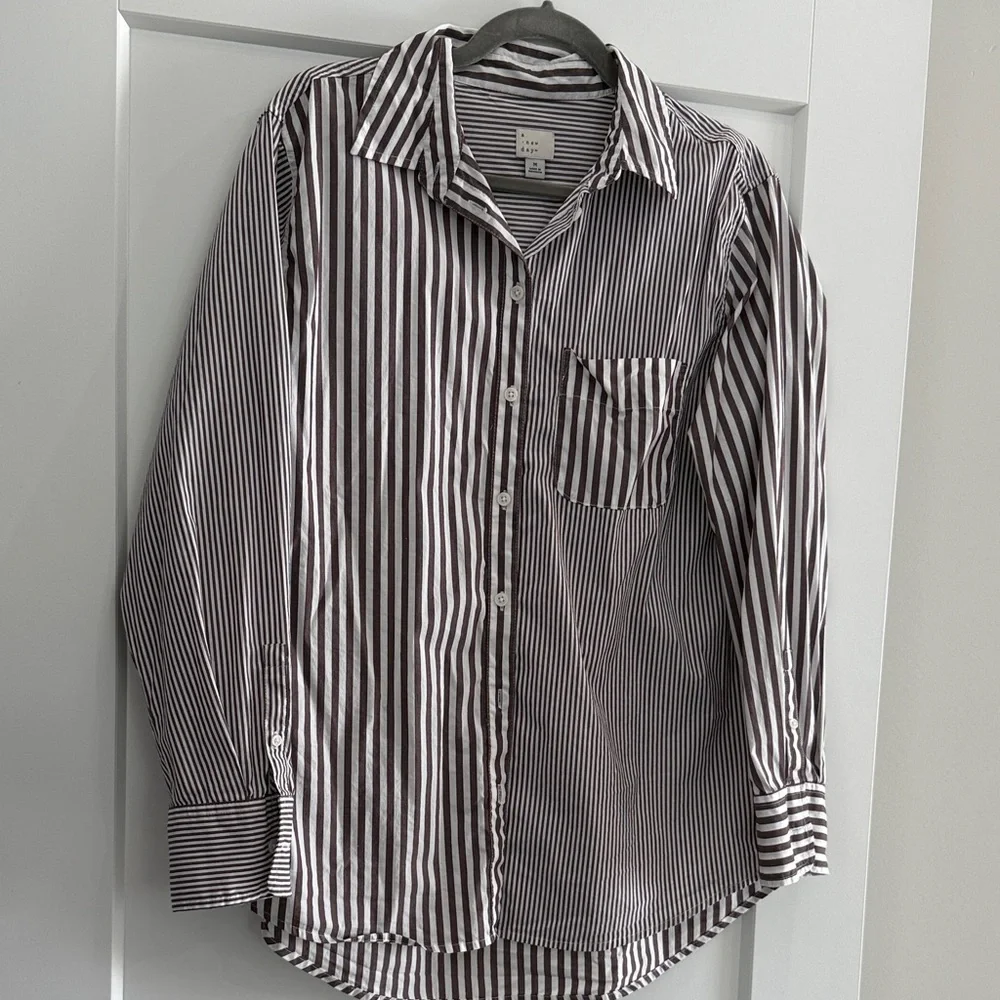 a new day women’s Casual Striped Button-Down Shirt - gray and White - Picture 3 of 3